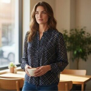 Banana Republic Navy Checkered Sheer Blouse